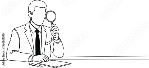 Businessman holding magnifying glass conducting audit or research in one line art style.