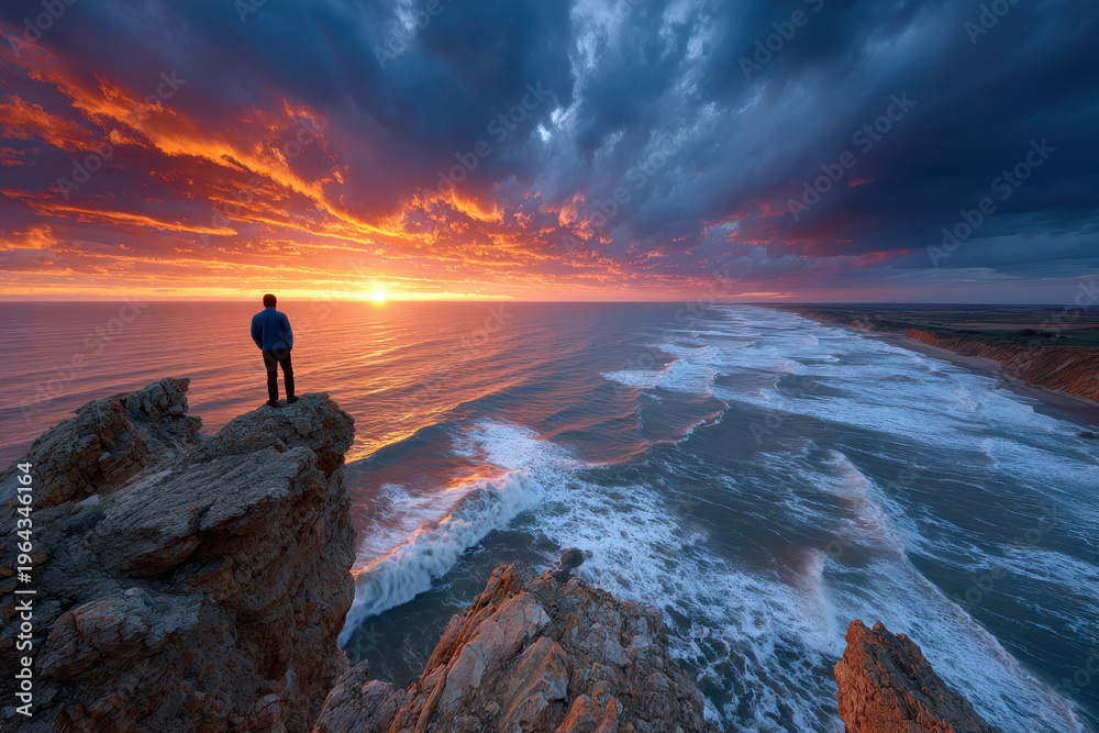 Fototapeta premium Lone figure on cliff edge watches vibrant sunset over dramatic ocean waves