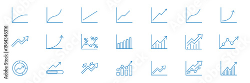 Growing bar graph icon set. Business graphs and charts icons. Business statistics and analytics, charts diagrams, money, down or up arrow. Growing business arrow icon. Arrow up icon. Profit arrow symb