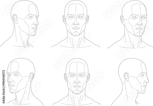 Male head anatomy sketches showing various angles for portrait drawing and face studies.