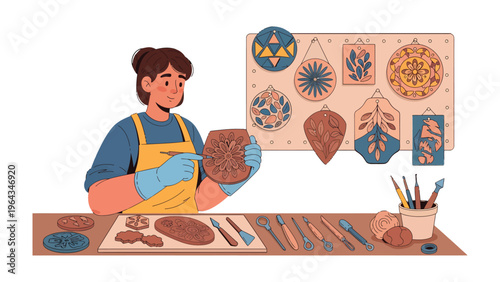 Creative Crafting: A skilled artisan, absorbed in the artistry of craftwork, meticulously examines and perfects a unique piece of artwork. A scene of focused dedication and the joy of handcrafting