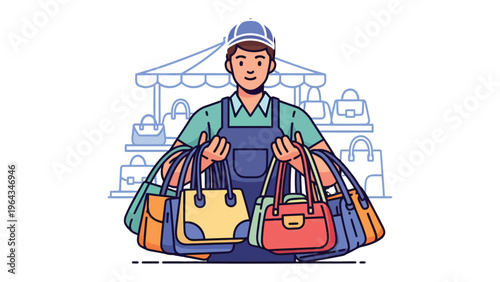 Shopkeeper with fashion accessories : A shopkeeper, wearing a cap and apron, stands proudly, holding an array of colorful bags, showcasing the latest fashion trends in a boutique setting. 