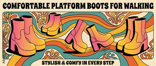 Colorful platform boots for walking in retro style on vibrant background  