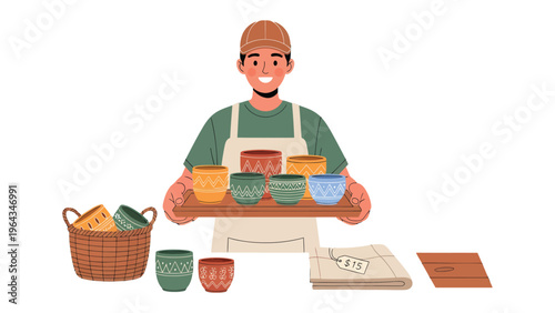 Artisan with Pottery: A skilled artisan, beaming with pride, presents a vibrant array of handcrafted pottery, each piece reflecting creativity and dedication, against a backdrop of craftsmanship.