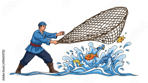 Fisherman Casting Net: A determined fisherman casts his net into the water, hoping to catch fish. The scene is filled with energy, illustrating the timeless pursuit of fishing.