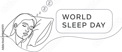 World sleep day banner featuring sleeping woman illustration in continuous line art style.