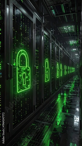 Cybersecurity Infrastructure - Data Center Security with Green Padlocks.