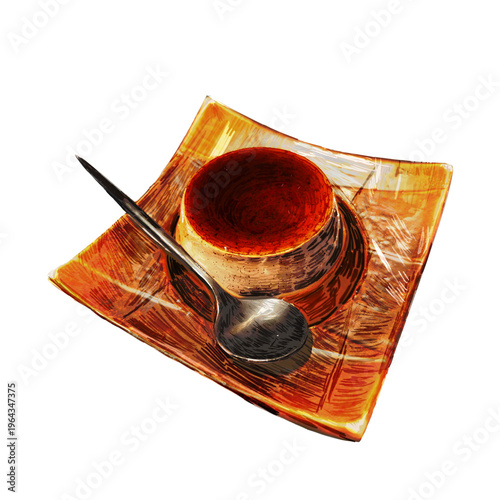 Hand-painted caramel flan with spoon on textured plate isolated on transparent background