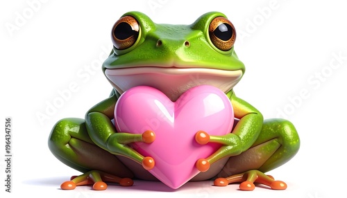 A cute, cartoonish frog, vibrant green with large brown eyes, clutches a glossy pink heart. It sits centered on a white backdrop, expressing love