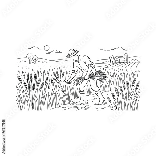 Man harvesting wheat in a field.