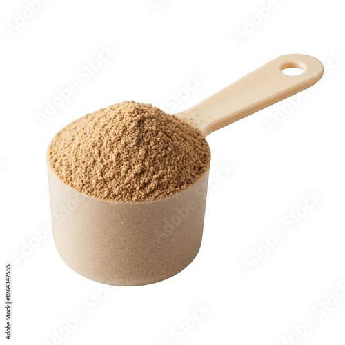 Measuring scoop filled with powdered protein or nutritional supplement isolated on transparent background,png