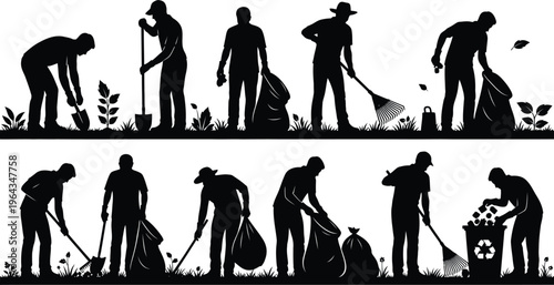 People collecting garbage outdoors, cleaning, recycling, protecting environment, silhouettes, vector illustration.