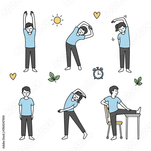 Daily office stretching exercises and morning workout routine demonstrated by young man and woman with clock sun and heart icons for healthy lifestyle at workplace.