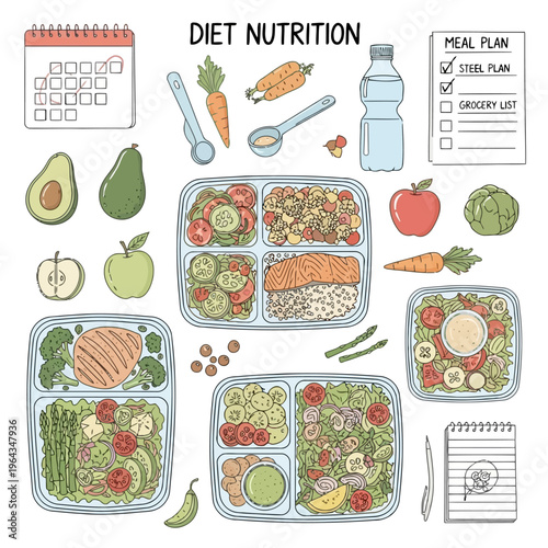 Diet nutrition meal plan illustration with healthy food options including various fruits, vegetables, protein, and detailed meal prep containers.