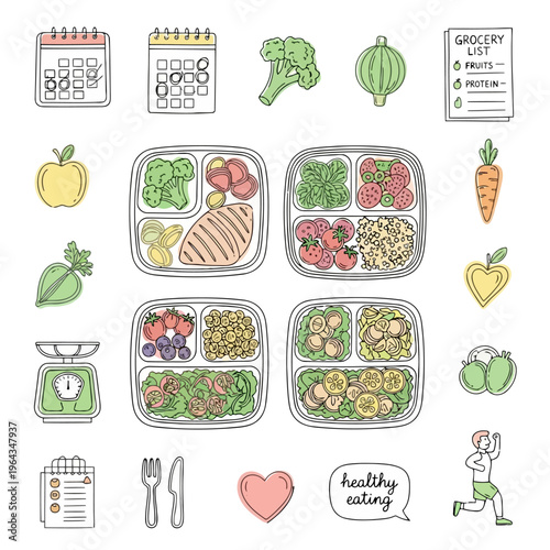 Healthy diet and nutrition concept with various fresh fruits, vegetables, meal prep containers, calendar, and grocery list for balanced eating.