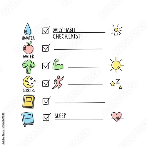 Daily habit checklist illustration for wellness, including water intake, healthy eating, exercise, reading, and adequate sleep for balanced life.