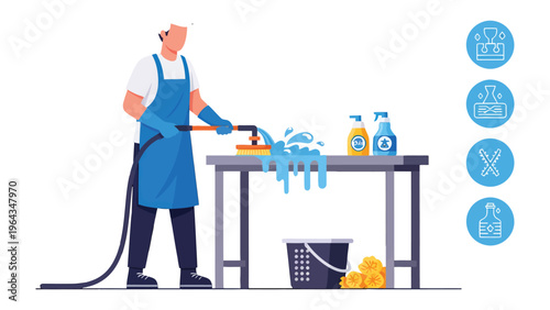 Cleaning Pro in Action: A dedicated cleaning professional, equipped with tools, sanitizes and maintains cleanliness on a surface. Focused on hygiene and sanitation. 