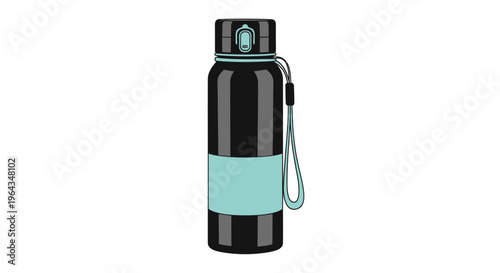 Black insulated water bottle with strap.