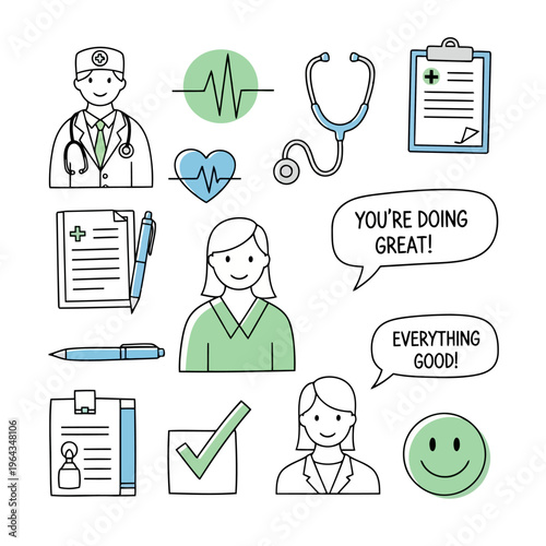 Collection of medical and healthcare icons featuring doctors, nurses, stethoscopes, heartbeats, documents, and positive messages.