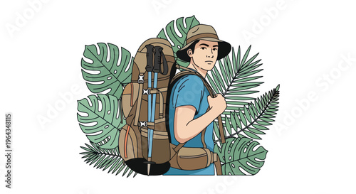 Man wearing backpack and hiking hat.
