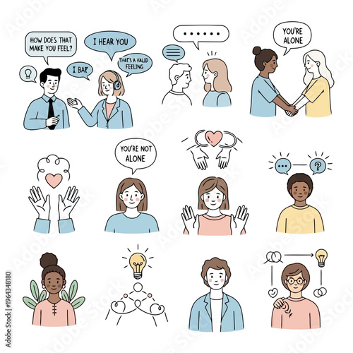Empathy and support in communication, icons of people listening, understanding feelings, offering help and comfort, talking about emotions, psychological assistance concept.