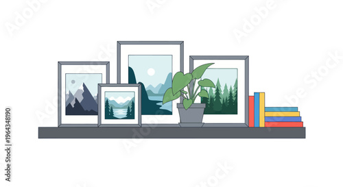 Picture frames on a shelf.