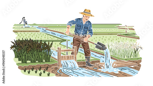 Irrigation Technician in the Field: A hardworking irrigation technician meticulously manages the flow of water across a vibrant rice paddy, ensuring the healthy growth of the crop.