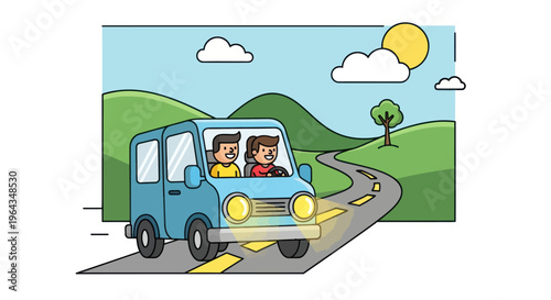 Blue car with two people driving.