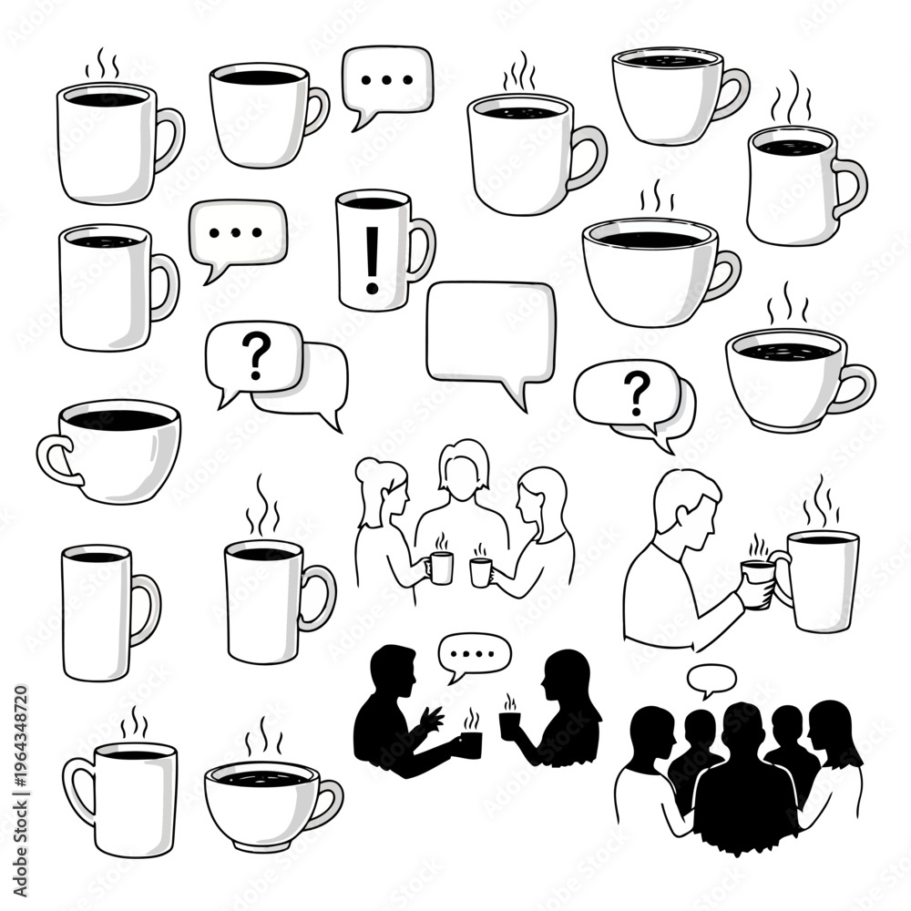 Obraz premium Collection of coffee cups and chat bubbles symbolizing communication and social interaction.