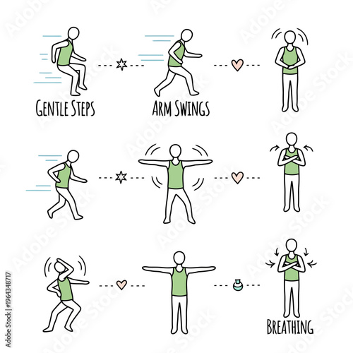 Gentle steps arm swings and breathing exercises for low impact cardio routine heart health and overall fitness.