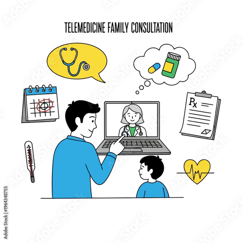 Father and son consulting with female doctor via telemedicine, receiving online prescription, medical advice and health monitoring from home.