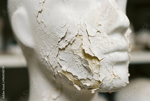 Macro close-up of a degraded plastic mannequin head surface delaminating in layers