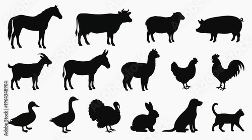 Farm Animals Silhouette Set: A meticulously crafted collection of farm animal silhouettes, perfect for illustrating various aspects of farm life and agricultural themes.