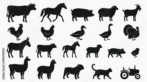 Farm Animals Silhouette Set: A captivating collection of farm animal silhouettes, meticulously arranged, representing the diverse fauna found in rural landscapes.