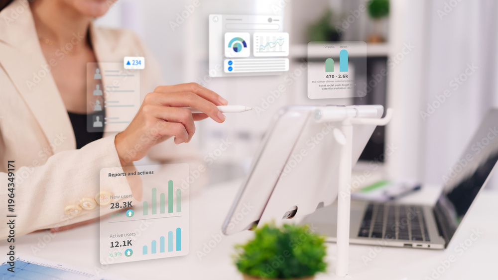 Fototapeta premium Businesswoman analyzes digital marketing data with futuristic UI dashboard for business growth strategy and performance review data analytics business intelligence technology