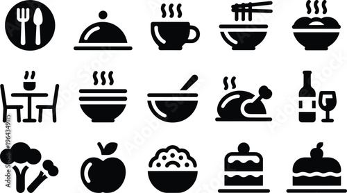 Food and restaurant icon set with dishes, drinks, utensils, and dining symbols for menu design, catering, kitchen, and hospitality service concepts
