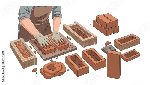Brick Making Process: An illustration that visually represents the process of crafting bricks, featuring hands shaping clay within wooden molds, showcasing the steps in brick creation.