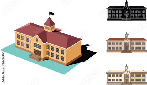 Isometric school building illustration with classroom architecture, education facility design, and academic institution icons for learning, campus, and educational infrastructure concepts