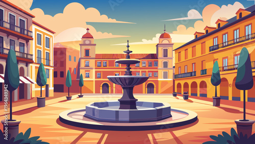 Spanish Plaza Fountain Classic Buildings Vector