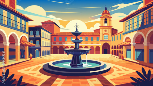 Spanish Plaza Fountain Classic Buildings Vector