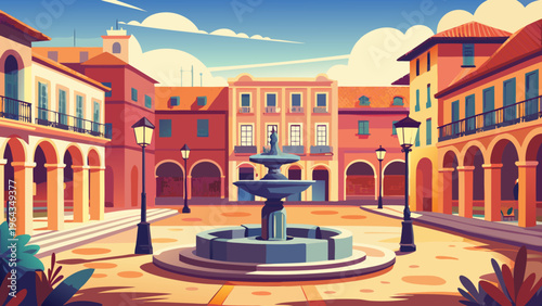 Spanish Plaza Fountain Classic Buildings Vector