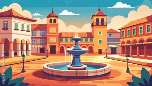 Spanish Plaza Fountain Classic Buildings Vector