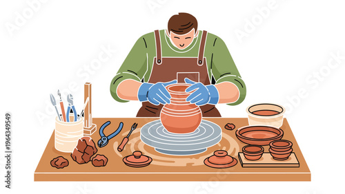 Crafting Artistry: A skilled artisan, engrossed in shaping a clay pot, his hands skillfully molding the form as part of a creative process, evoking a sense of artistic dedication.