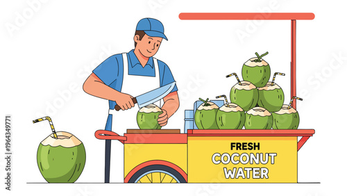 Coconut Seller's Delight: A vibrant illustration of a coconut vendor, meticulously preparing refreshing coconut water, surrounded by fresh, inviting coconuts.