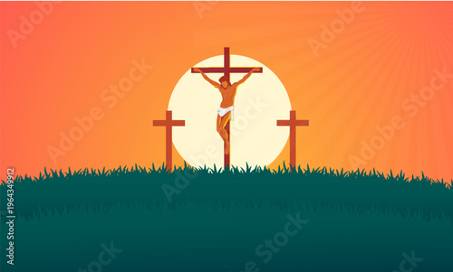 Good Friday crucifixion scene with Jesus on central cross, two side crosses, glowing sun, and dark grassy hill silhouette, symbolic Easter Christian vector landscape