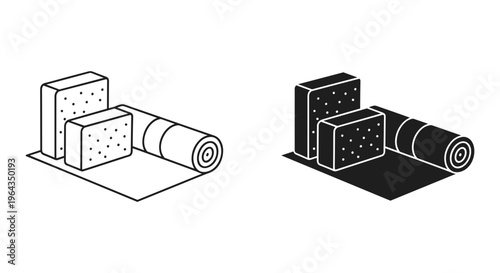 Minimalist insulation materials vector icons, thermal mineral wool slabs and fiberglass roll, construction building supplies in line and glyph style