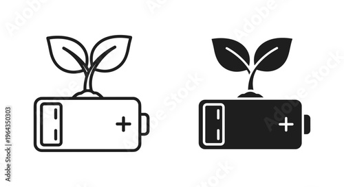 Green energy battery icons with growing leaves, eco friendly power source symbols, sustainable renewable energy concept vector set