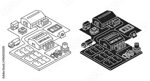 Isometric industrial composting facility vector, waste management plant with composting hall and heavy machinery, recycling center line art