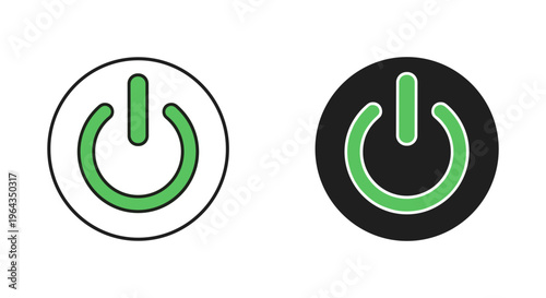 Minimalist power button icon set, green on and off switch symbols, circular flat vector graphics for technology interface design