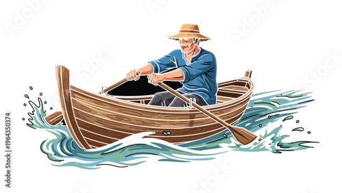 Rowing on the Open Water: A solitary figure navigates a wooden boat across a vast expanse of water, his rhythmic strokes creating a wake against the backdrop of an open sea.